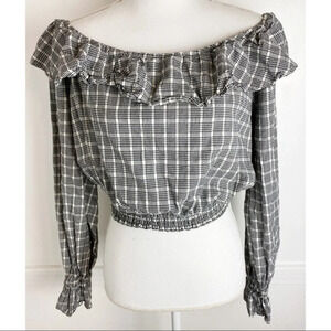 Tularosa • Black White Plaid Off Shoulder Blouse